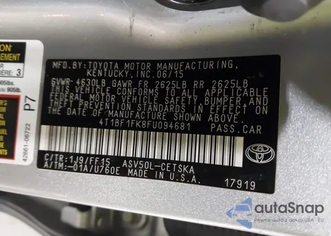 2015 Toyota Camry Se from USA, damaged, VIN 4T1BF1FK8FU094681